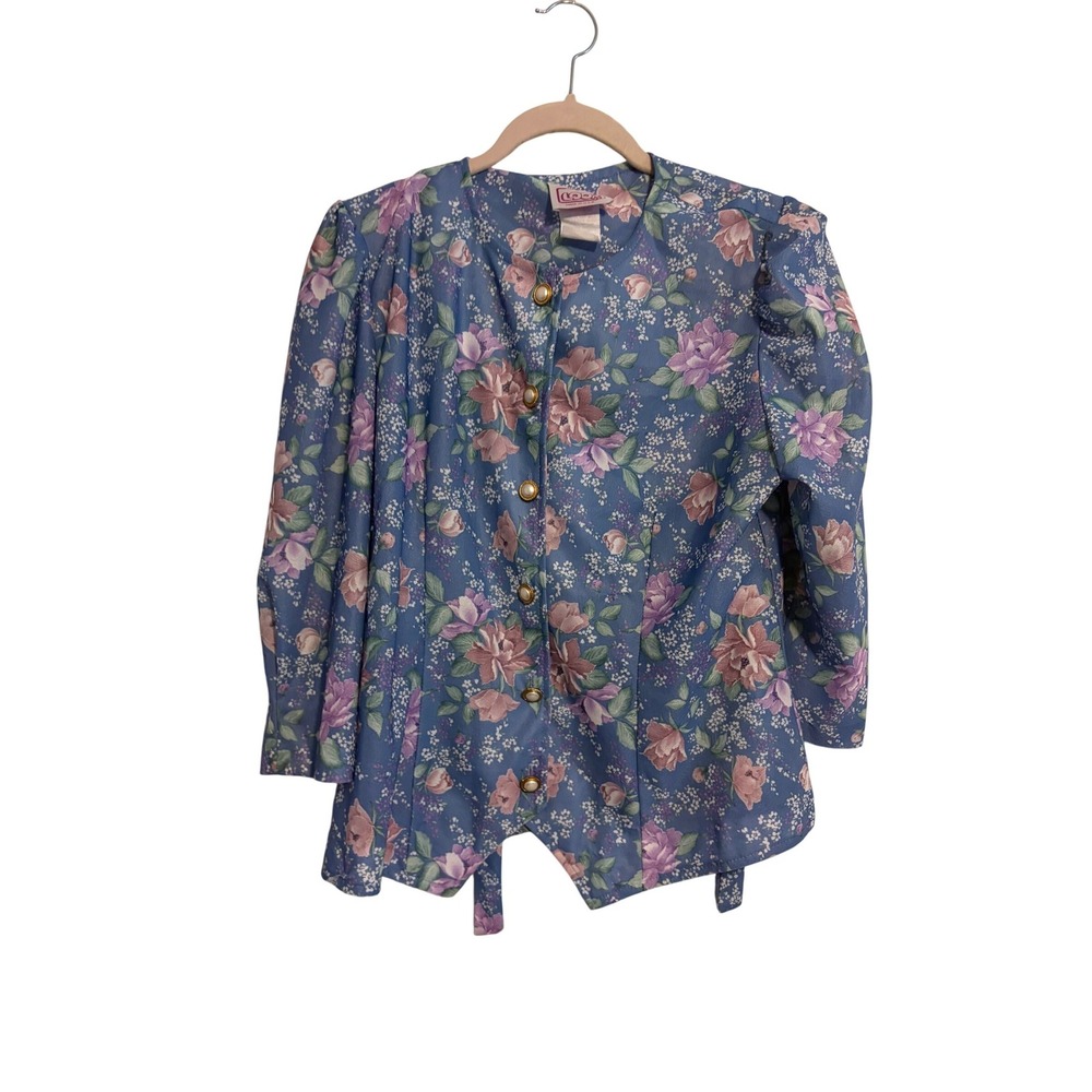 California Looks Blouse Vintage 80s Floral Blue Pearl Button Cottagecore Size 14